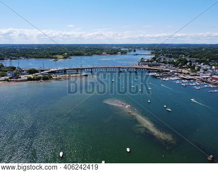 Aerial View Of Essex Bridge Across Danvers River Mouth At Salem Harbor In City Of Beverly, Massachus