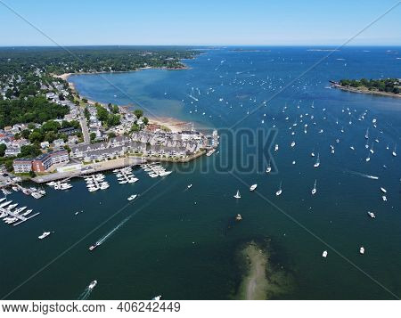 Aerial View Of Sandy Point At Danvers River Mouth To Salem Harbor In City Of Beverly, Massachusetts 
