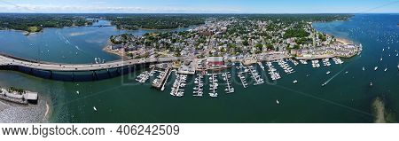 Aerial View Panorama Of Beverly Port Marina And Essex Bridge At Sandy Point In City Of Beverly, Mass