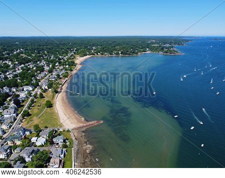 Aerial View Of Sandy Point At Danvers River Mouth To Salem Harbor In City Of Beverly, Massachusetts 
