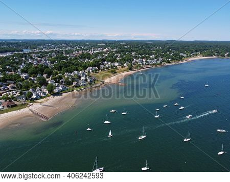 Aerial View Of Sandy Point At Danvers River Mouth To Salem Harbor In City Of Beverly, Massachusetts 