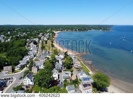 Aerial View Of Sandy Point At Danvers River Mouth To Salem Harbor In City Of Beverly, Massachusetts 