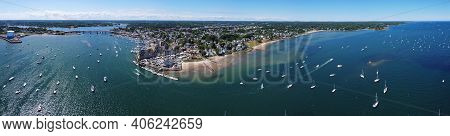 Aerial View Panorama Of Sandy Point At Danvers River Mouth To Salem Harbor In City Of Beverly, Massa
