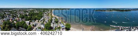 Aerial View Panorama Of Sandy Point At Danvers River Mouth To Salem Harbor In City Of Beverly, Massa