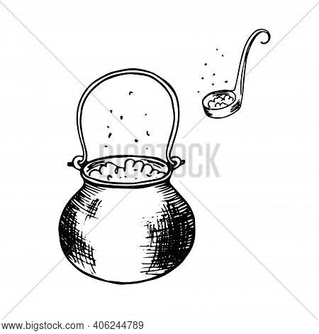 Witchs Cauldron And Ladle Spoon With Witchcraft Potion. Magic Elixir Soup Is Brewed. Hand Drawn Hall