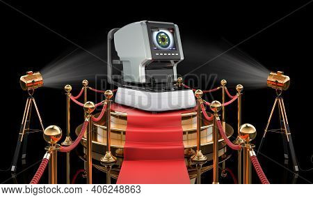 Podium With Auto Refractometer, 3d Rendering Isolated On Black Background