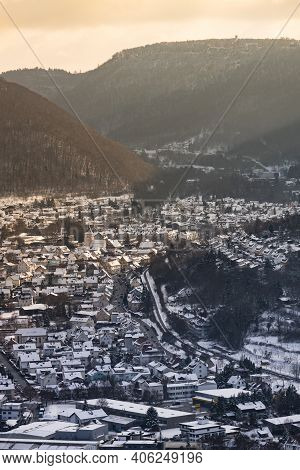 Lichtenstein, Germany - January, 2021: Castle Lichtenstein With The Sun Shining Over The Mountains I