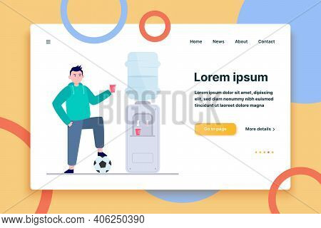 Football Player Drinking Water At Cooler. Male Athlete, Soccer, Sportsman Flat Vector Illustration. 