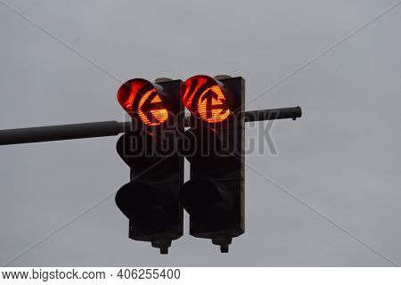 Red Traffic Light Signal On The Street, Symbol For Stopping