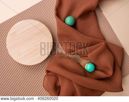 Abstract Close Up Top View Round Wooden Mock Up On Beige Corrugated, Peach Paper Background, Brown S