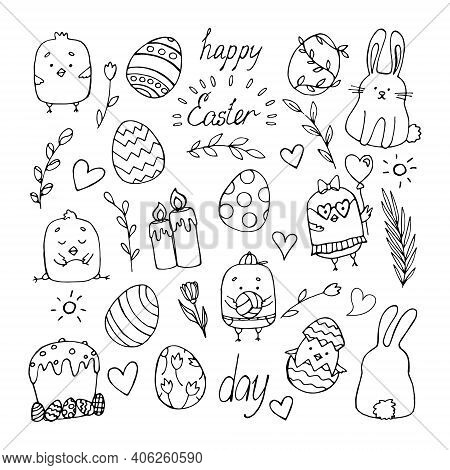 Handwritten Inscription Of Happy Easter With Decorative Elements Around. Black Letters On White With