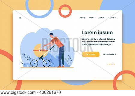 Happy New Father Walking With Baby. Man Reaching Arms To Stroller With Kid Flat Vector Illustration.