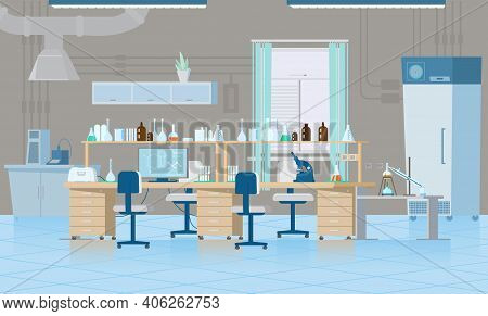 Vector Scientific Chemical Laboratory Interior With Equipment. Workplace With Flasks, Reagents, Micr