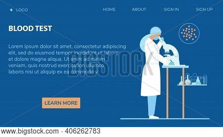 Blood Test Web Page Vector Template. Woman Doctor Or Scientist In White Coat Looking Through A Micro