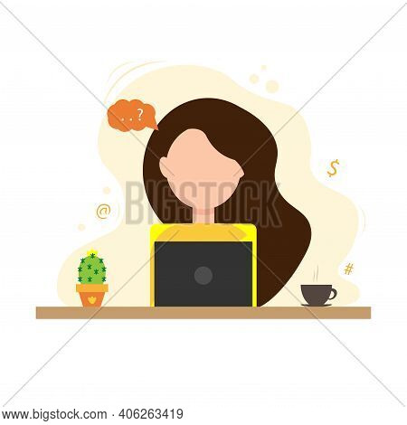 Woman Sitting Table With Laptop. Working On A Computer. Freelance, Online Education Or Social Media 