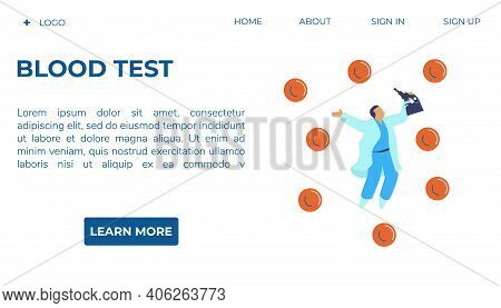 Blood Test Web Page Vector Template. Doctor Or Scientist Flying Among Blood Cells Holding Microscope