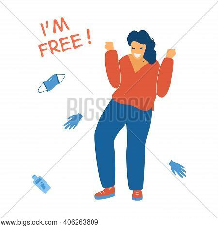 Happy Woman Celebrates End Of Coronavirus Epidemic And Quarantine.  Freedom From Potective Mask, Glo