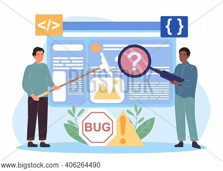 Two Male Characters Are Getting Rid Of Software Bug. Men Are Looking For A Software Bug And Wiping I