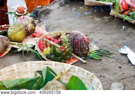 Holy Offerings Of Fruits Flowers Lamps And Cloths In River To Sun God On The Occasion Of Chhath Puja