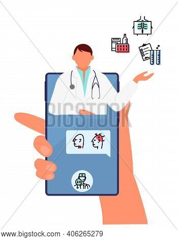 Online Doctor Consultation Concept. Hand Holds Phone With Doctor Giving Treatment Recommendations. F