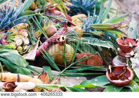 Holy Offerings Of Fruits Flowers Lamps And Cloths In River To Sun God On The Occasion Of Chhath Puja