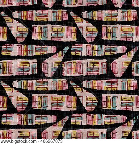 Seamless Dark Geometric Block Print Background. Boho Ethnic Soft Furnishing Fabric Style. Tie Dye Pa