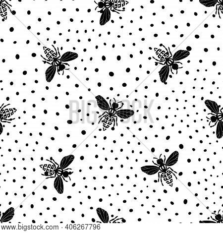 Seamless Pattern With Bees On Polka Dots Background. Adorable Cartoon Wasp Character. Template Desig