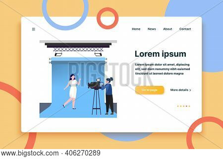 Camerawoman Working With Model In Studio. Filming Video, Blue Backdrop Flat Vector Illustration. Vid