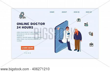 Online Doctor Consultation Website Template. Doctor Comes From Smartphone Screen And Offers Help And