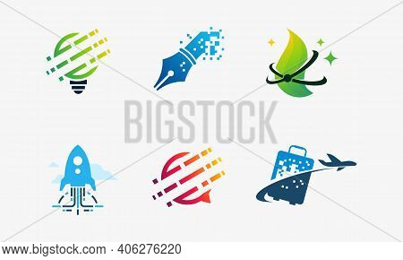 Set Of Technology Logo, Tech Bulb, Pixel Pen Logo, Nature Tech, Fast Tech, Tech Consult, Pixel Suitc