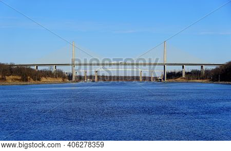 The Distance View Of William V Roth Bridge Above The Chesapeake Canal Near Middletown, Delaware, U.s