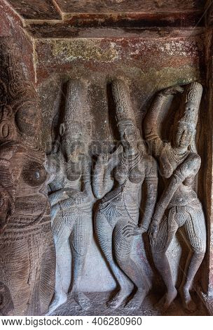 Aihole, Karnataka, India - November 7, 2013: Ravanaphadi Cave Temple. Gray Stone Sculpture Of Vishnu