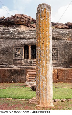 Aihole, Karnataka, India - November 7, 2013: Ravanaphadi Cave Shiva Temple. Closeup Of Gray-orange H