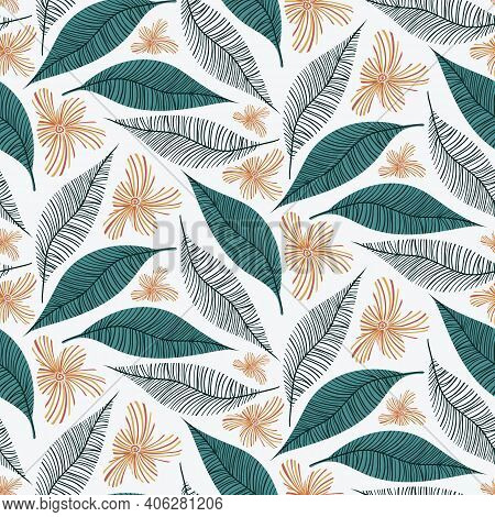 Leaves And Flowers Botancial Seamless Vector Pattern. Surface Print Design For Fabrics, Stationery, 