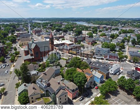 Aerial View Of Historic Buildings On Cabot Street In Historic City Center Of Beverly, Massachusetts 