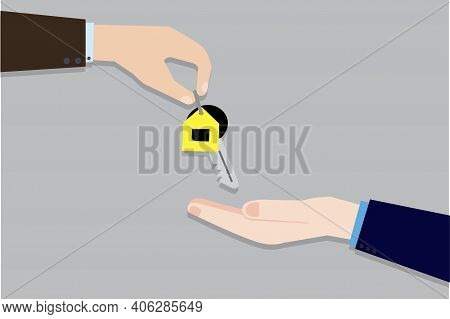 Handing Over House Keys. Hands With A Key With A House Keychain. Sale Concept. Vector Illustration. 