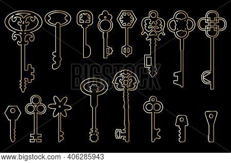 Vintage Golden Keys Set. Gold House. Elegant Decoration. Collection Game Art. Stock Image. Eps 10.