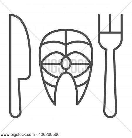 Fork With Knife And Fish Thin Line Icon, Diet Concept, Healthy Dish Sign On White Background, Fish D