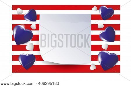 Volumetric Blue And White 3d Hearts And A Realistic Sheet Of Scrapbook On A Red And White Background