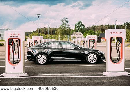 Tocksfors, Sweden- June 26, 2019: Tesla Model S 100d Car Parked At Charging Station. The Tesla Model