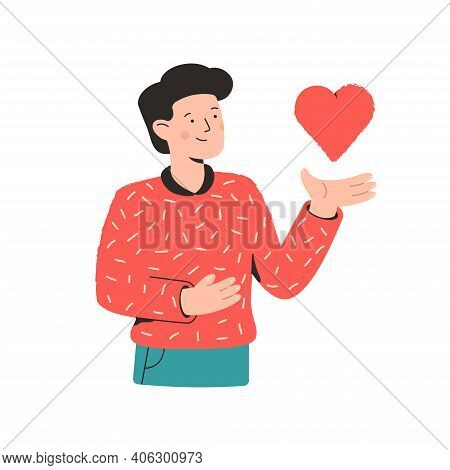 Young Man Holds A Heart In His Hands And Laughs. Concept Of Happy Valentines Day. Holiday Illustrati