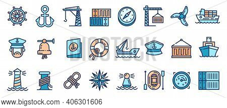 Marine Port Icons Set. Outline Set Of Marine Port Vector Icons For Web Design Isolated On White Back