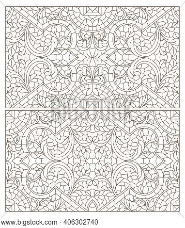 Set Contour Illustrations Of Stained Glass With Abstract Swirls And Flowers , Horizontal Orientation