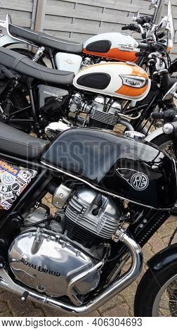 Bordeaux , Aquitaine  France - 02 02 2021 : Triumph Bonneville T100 And Royal Enfield Gt Interceptor