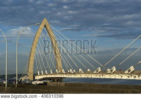 Cable-stayed bridge. Bridge over Ilha do Fundao with Rio de Janeiro, Brazil.