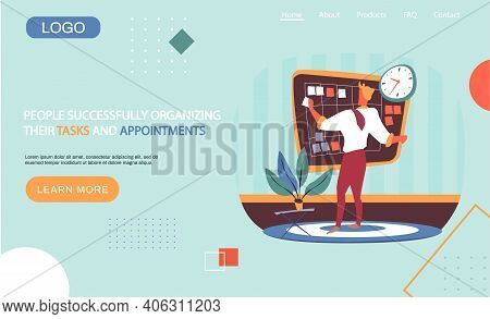 People Organizing Their Tasks And Appointments Landing Page Template, Businessman Stands At Blackboa