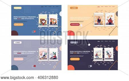 People Organizing Their Tasks And Appointments Landing Page Template Set, Businessman Stands At Blac