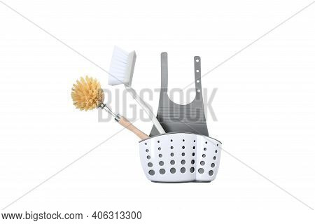 Object, Brush Dish Clean In  White And Gray Plastic Sink's Caddy Holding For  Dish Brush And Letting