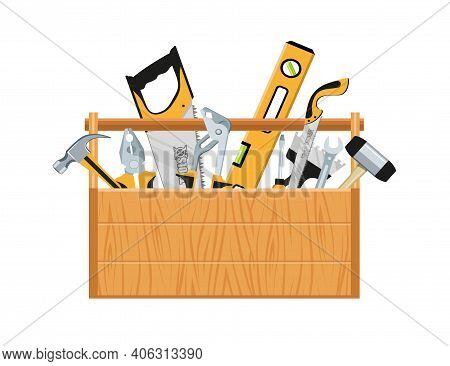 Toolbox With Hand Tools Inside. Workbox With Instruments. Building Tools. Instruments For Renovation