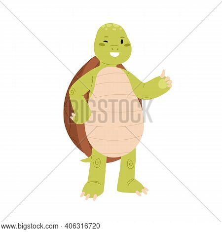 Cute And Happy Green Turtle With Thumb Up Gesture. Funny Smiling Tortoise Character Winking And Show